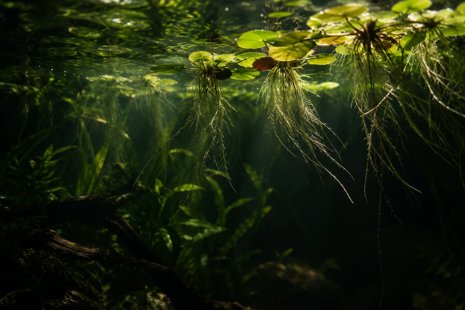 Floating plants with trailing roots seen from below the surface