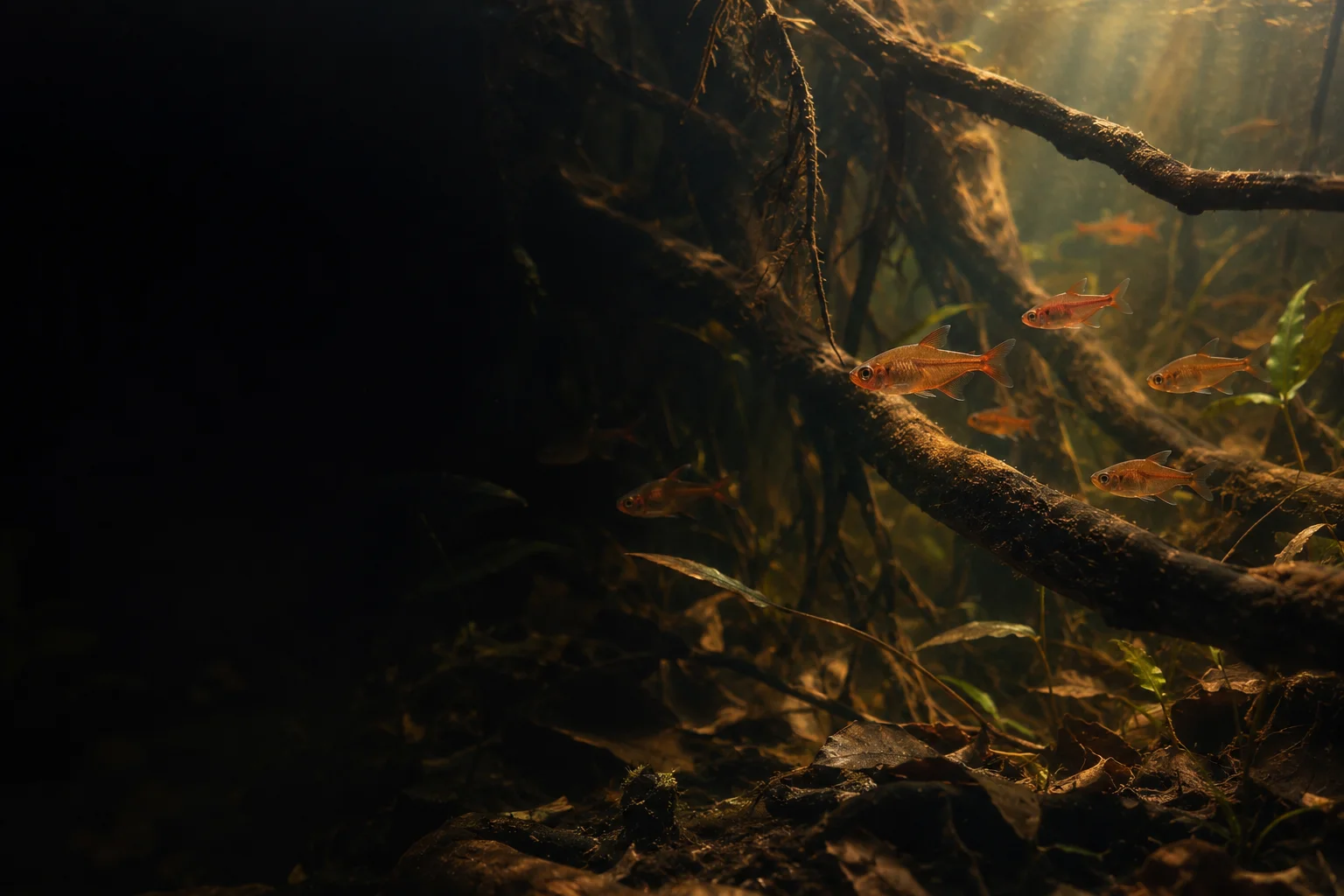 Small orange tetras swimming among roots in a dimly lit aquarium